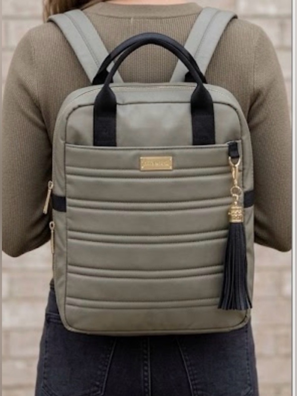 Quilted Olive Green Women’s Backpack Tote - Black Trim